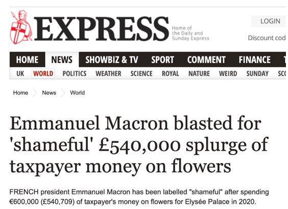 马克龙夫妇被曝去年花费60万欧元为爱丽舍宫购置花卉，挨批：“可耻”！