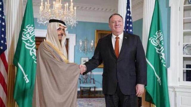 △沙特外交大臣与蓬佩奥会面资料图来自沙特国家通讯社