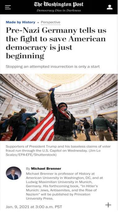△《华盛顿邮报》认为，与纳粹前德国的相似性提醒着人们，美式民主接下来仍有很长一段路要走
