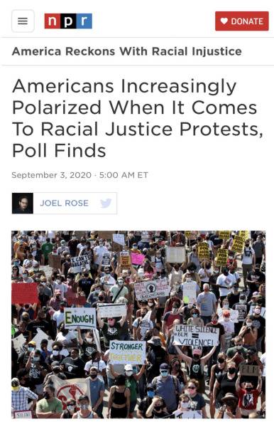 △美国国家公共广播电台报道，美国人在要求种族公平的抗议中，分歧正逐渐加大