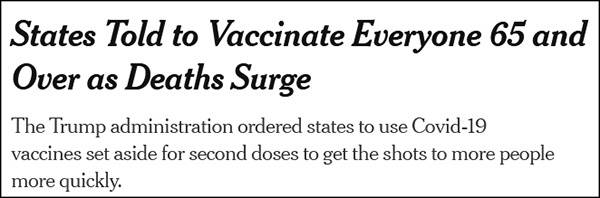 “死亡激增，各州被告知要为所有65岁以上人群接种疫苗”，《纽约时报》报道截图