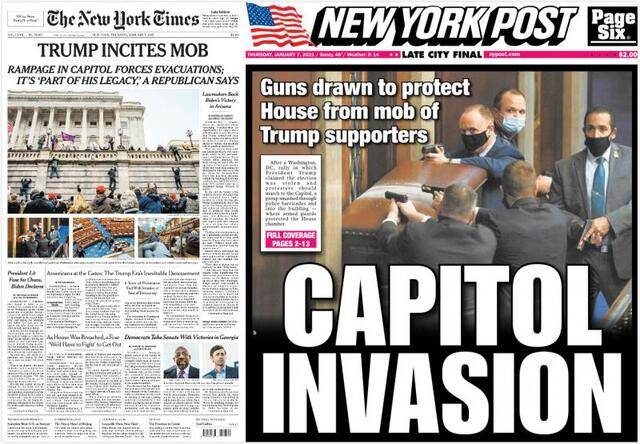 《纽约时报》（左）和《纽约邮报》在1月6日美国国会骚乱后一天的各自报纸头版