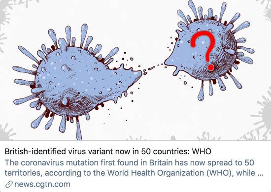 世卫组织：英国发现的变异新冠病毒已传播至50个国家和地区。/ CGTN报道截图