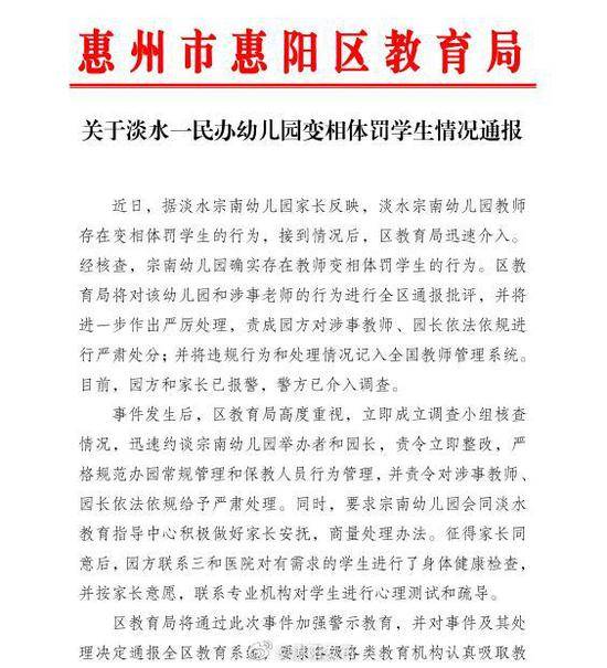 广东惠州一民办幼儿园变相体罚学生，警方已介入调查