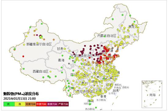 1月13日21时全国PM10小时浓度分布（来源：中国环境监测总站）