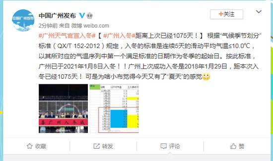 广州天气官宣入冬