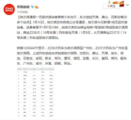 哈尔滨通报一无症状感染者曾乘火车出行，车次途经天津、唐山、石家庄等20多个站点