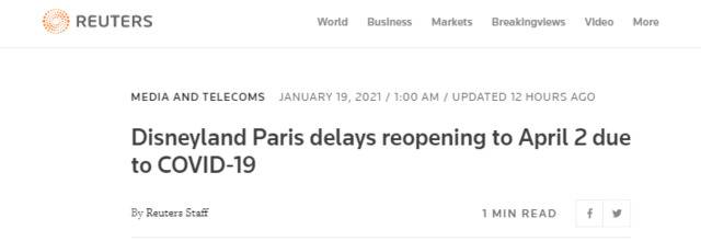 外媒：巴黎迪士尼推迟至4月2日重新开园