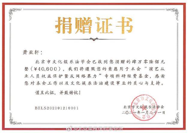 萧亚轩将所获赔款捐赠，用于演艺人员权益保护和反网络暴力