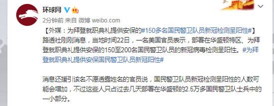 外媒：为拜登就职典礼提供安保的150多名国民警卫队员新冠检测呈阳性