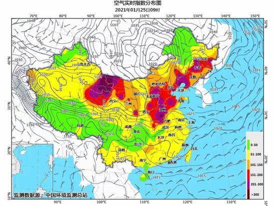 全国空气实时指数分布图。