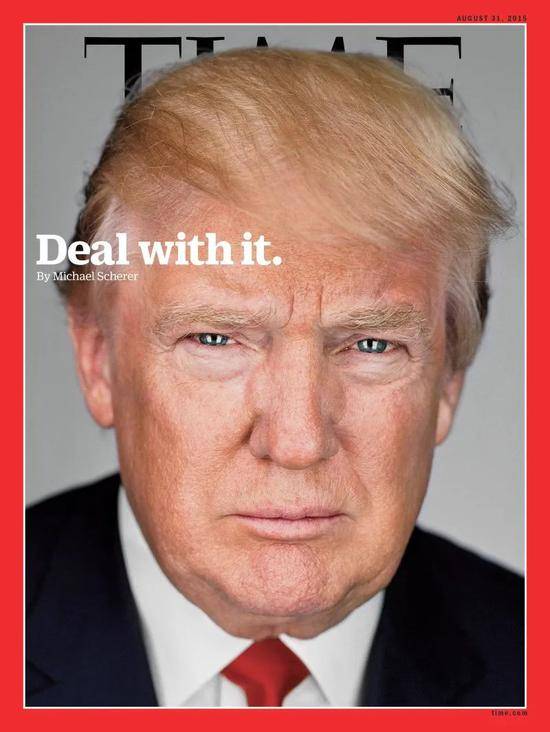 作为总统候选人的特朗普第一次登上《时代》封面。此后，使用特朗普真实照片的封面越来越少，转而以艺术创作的形象取而代之。图片来源：time.com