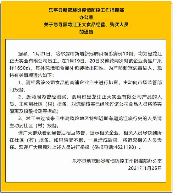 河北唐山乐亭：急寻黑龙江正大食品经营、购买人员