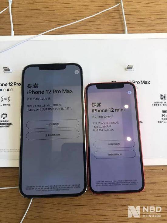 iPhone 12 Pro Max与iPhone 12 mini对比。图片来源：每经记者王晶摄