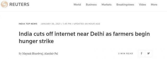 抗议持续！抗议农民绝食一天，印度政府切断首都附近多地网络