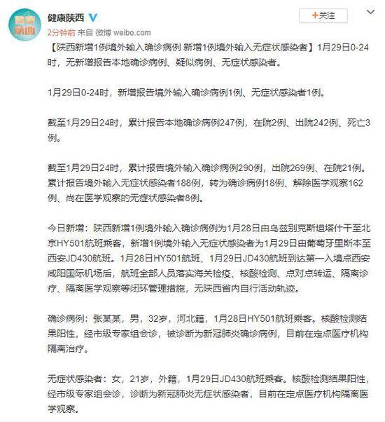 陕西新增1例境外输入确诊病例 新增1例境外输入无症状感染者