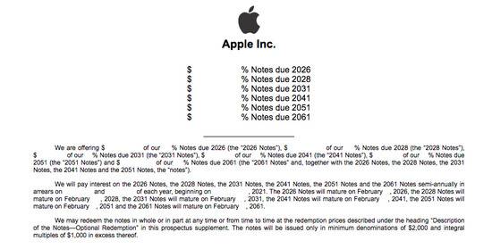 苹果拟发行六部分票据 规模未披露