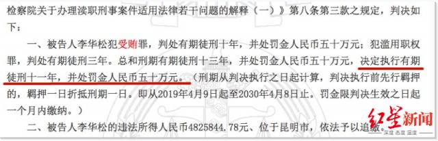 ▲李华松因受贿罪、滥用职权罪一审获刑11年。图据中国裁判文书网