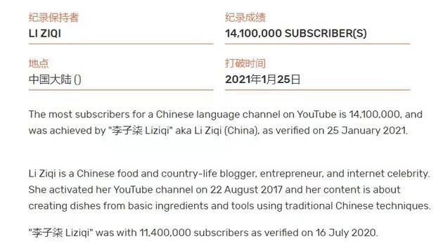 李子柒刷新“最多订阅量的YouTube中文频道”吉尼斯世界纪录