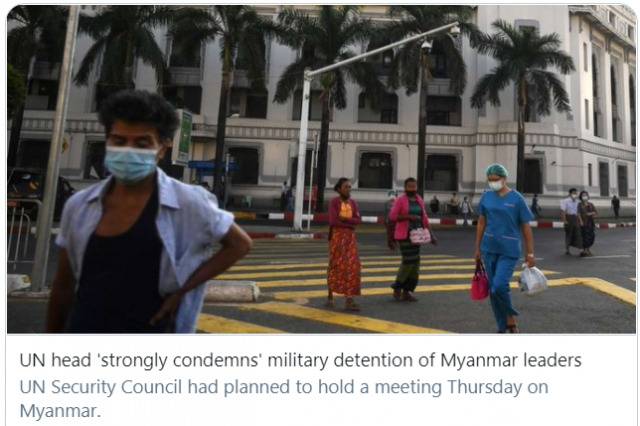 ▲联合国秘书长古特雷斯谴责缅甸军方扣留政府领导人。推特截图