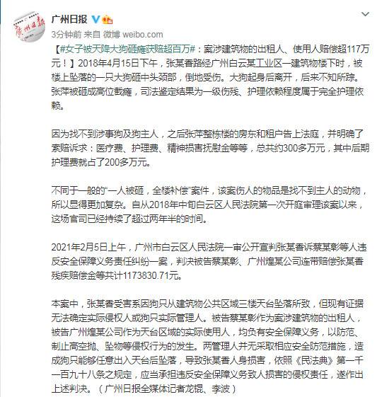 天上掉下一只狗，路人被砸成一级伤残 法院这样判