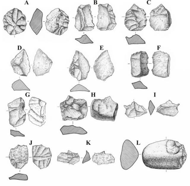 楼房子遗址出土主要石器类型的线图（A：盘状石核；B、C：锯齿刃器；D、E:刮削器；F、G：凹缺器；H、I：尖状器；J、K:齿状器；L：石锤）。