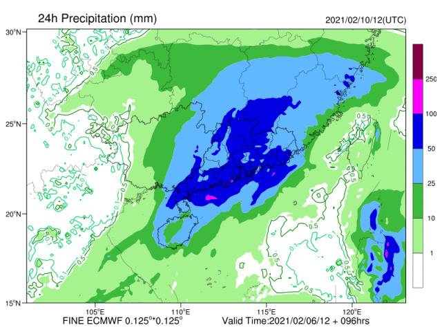 △EC模式预报9日20时到10日20时24小时累计降雨量