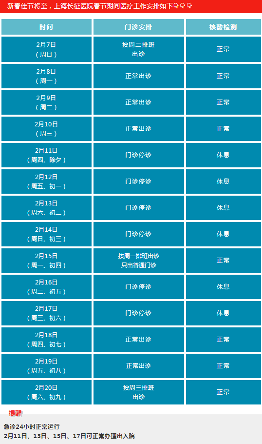 转需！上海三级医院“春节”假期门急诊安排一览