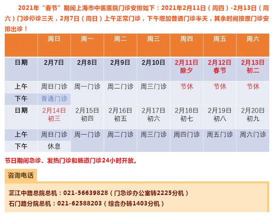 转需！上海三级医院“春节”假期门急诊安排一览