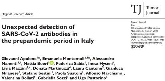 米兰国家肿瘤研究所等机构论文《意大利疫情大流行前意外检测到的新冠病毒抗体》