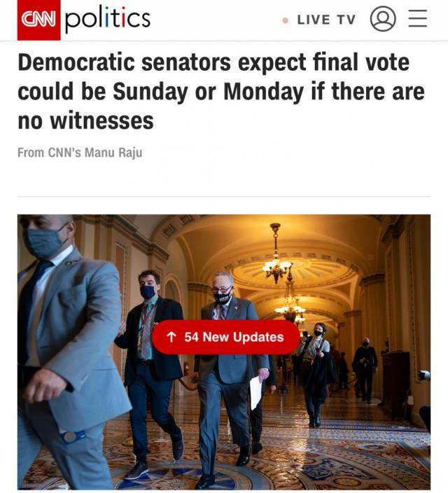 △参议员民主党领袖舒默表示，参议院将在周日或周一进行最终投票