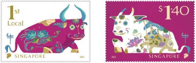▲新加坡发行的牛年生肖邮票。图片来自新加坡邮政网站