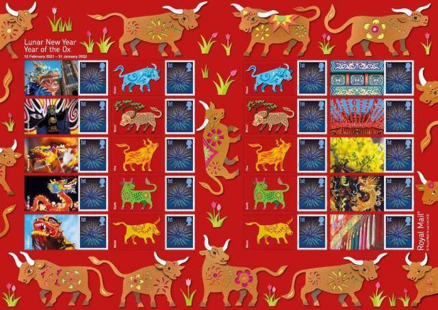 ▲英国发行的牛年生肖邮票。图片来自英国皇家邮政网站