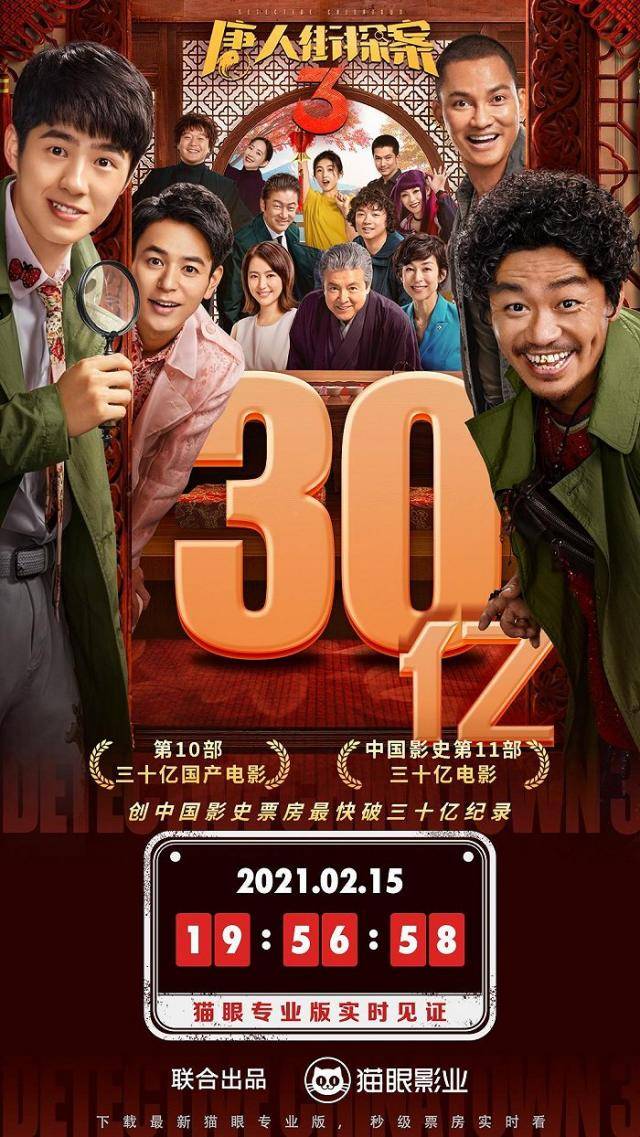 《唐人街探案3》上映4天总票房突破30亿元 创造中国电影市场三项新纪录