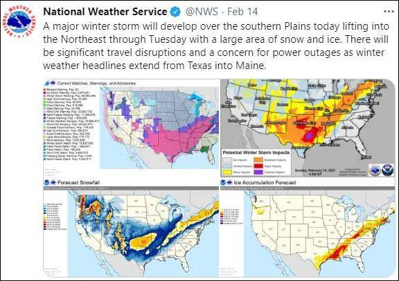 美国国家气象局预计将会出现严重交通中断与停电问题图自官方社交账号