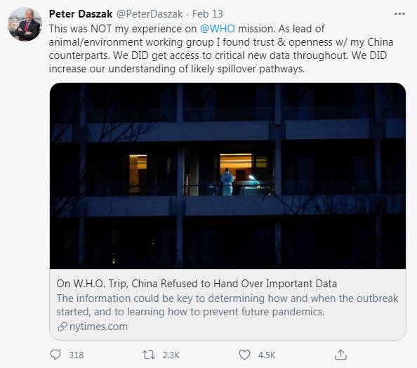 世界卫生组织赴武汉国际专家组成员彼得·达萨克在社交媒体推特上发文驳斥《纽约时报》的报道。网络截图