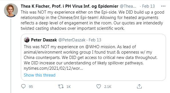世界卫生组织赴武汉国际专家组成员塞娅·菲舍尔转发同事彼得·达萨克的推文，支持他对《纽约时报》报道的驳斥。网络截图