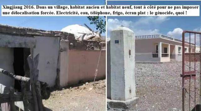 维瓦斯2016年走访新疆见闻。在图说中，他写道：“在新疆的一个村庄，村民的新房和旧房隔得非常近，没有‘被迫迁居’的困扰。新房配备了冰箱、电话、电视，供水供电。”受访者供图