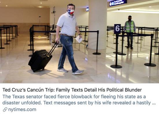克鲁兹的坎昆之旅：家庭短信详述了他的政治失误。/《纽约时报》报道截图