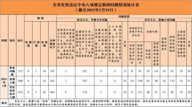 2021年1月全省查处违反中央八项规定精神问题373起