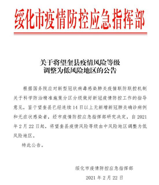 黑龙江绥化望奎县调整为低风险地区，全国中风险地区清零