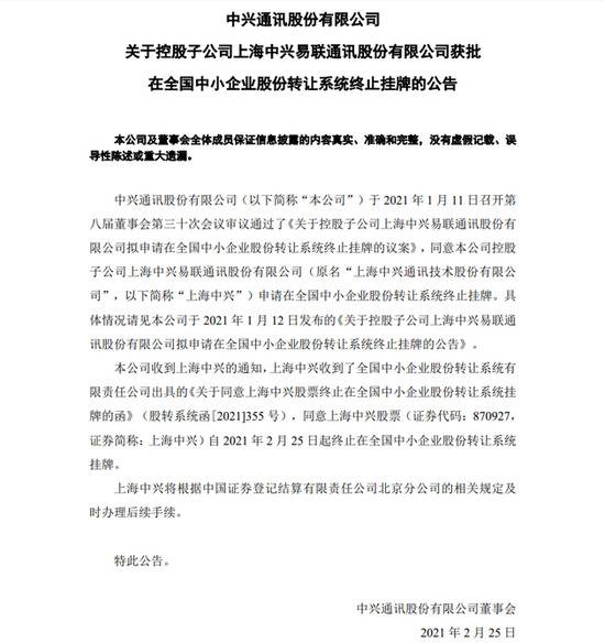 中兴通讯：控股子公司上海中兴明起终止在新三板挂牌