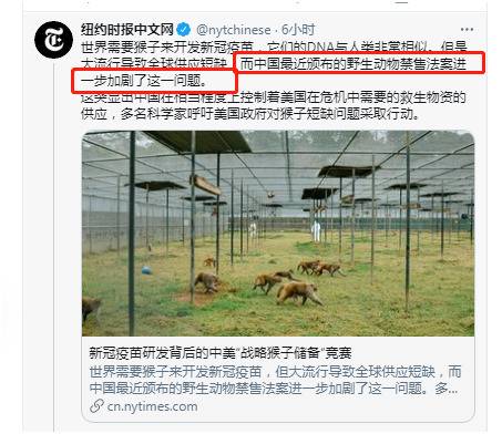 美国研发新冠疫苗缺实验猴 美媒赖中国“闭关锁猴”