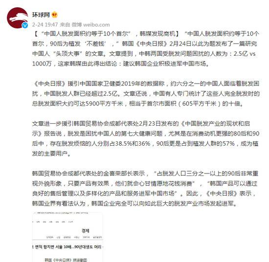 “中国人脱发面积约等于10个首尔”，韩媒发现商机