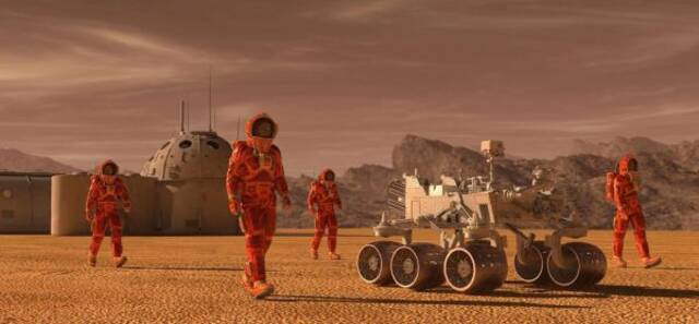 定居者外出探索火星表面的想象图（盖帝图像）