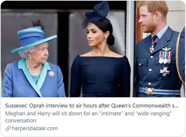 哈里夫妇的访谈将在女王演讲几个小时后播出。/推特截图