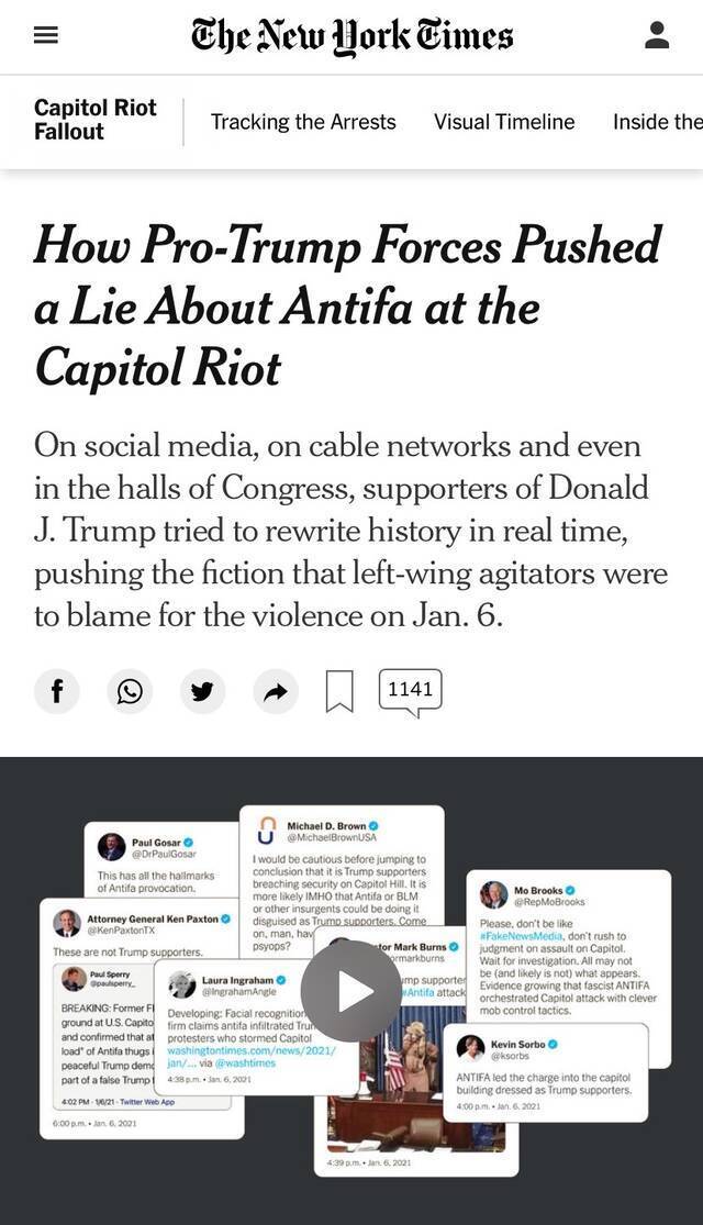 △《纽约时报》报道，特朗普支持者在社交媒体和右翼媒体上散布“左翼组织参与国会山暴力事件”的谣言