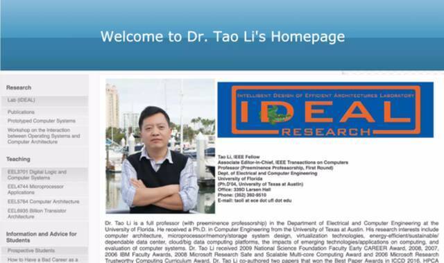 李涛在佛罗里达大学实验室的网页（日前已无法访问）