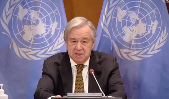 古特雷斯3月1日发表视频讲话。/联合国官网视频截图