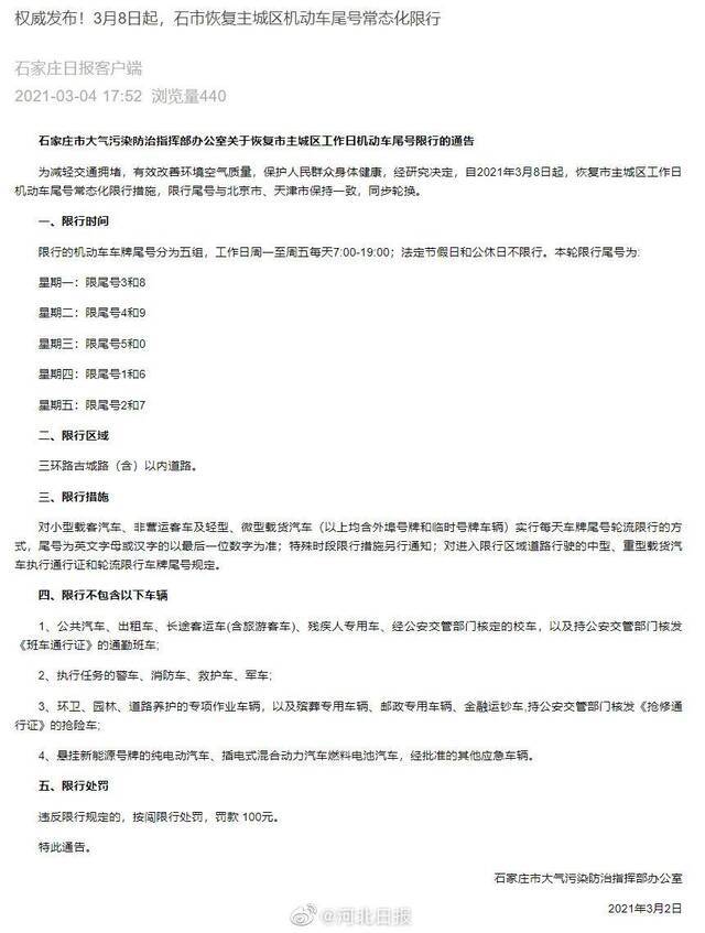 转发周知！下周一起石家庄恢复机动车常态化限行